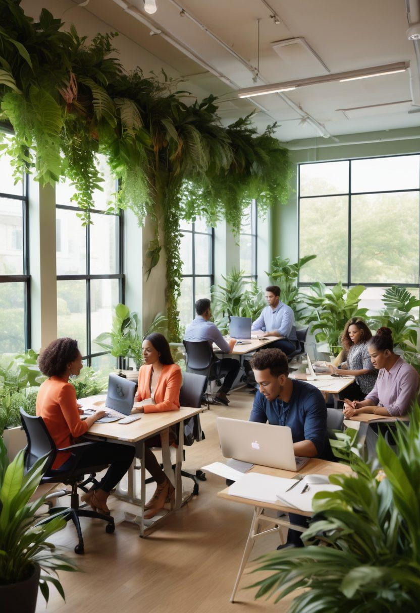A diverse group of employees collaborating around a vibrant office space filled with greenery, interacting positively and sharing ideas. Include elements of technology like laptops and tablets, with visual representations of talent growth such as upward arrows or blooming plants. The atmosphere should reflect inclusivity, innovation, and professional warmth. super-realistic. vibrant colors. bright office setting.
