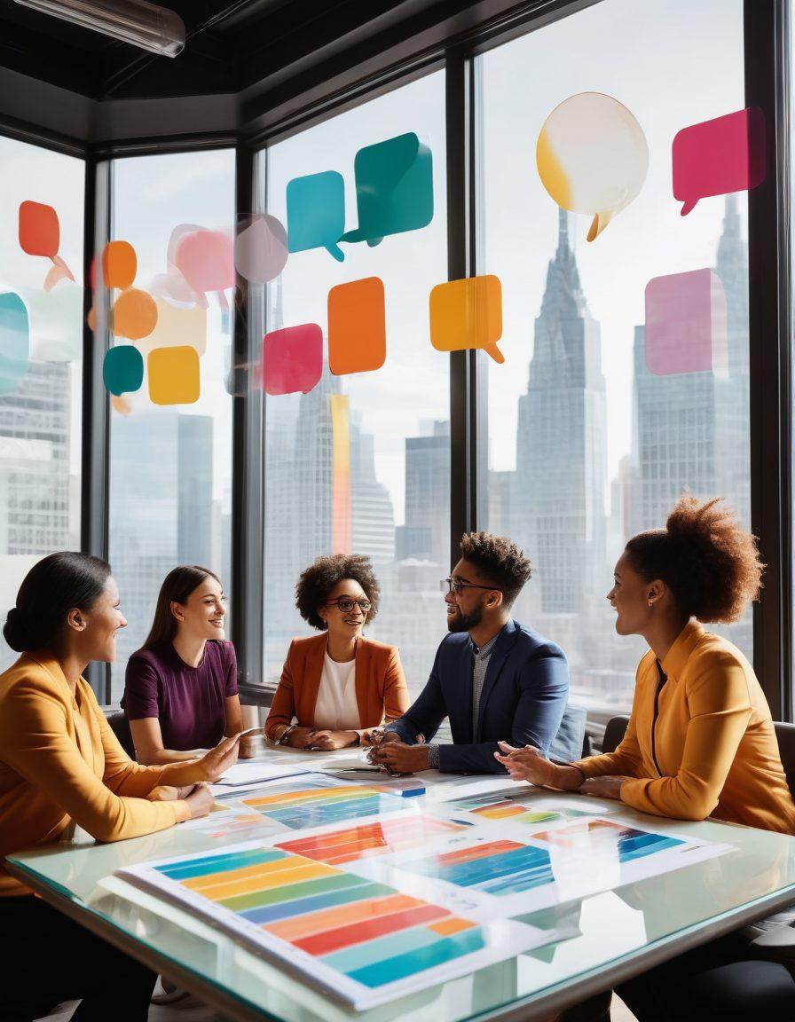 A diverse group of professionals in a bright, modern office, collaborating enthusiastically around a table filled with charts and laptops. A large window shows a vibrant city skyline, symbolizing success and opportunity. Each person displays engagement and enthusiasm, with speech bubbles illustrating ideas and creativity. Warm tones and dynamic lines convey energy and collaboration. super-realistic. vibrant colors. modern design.