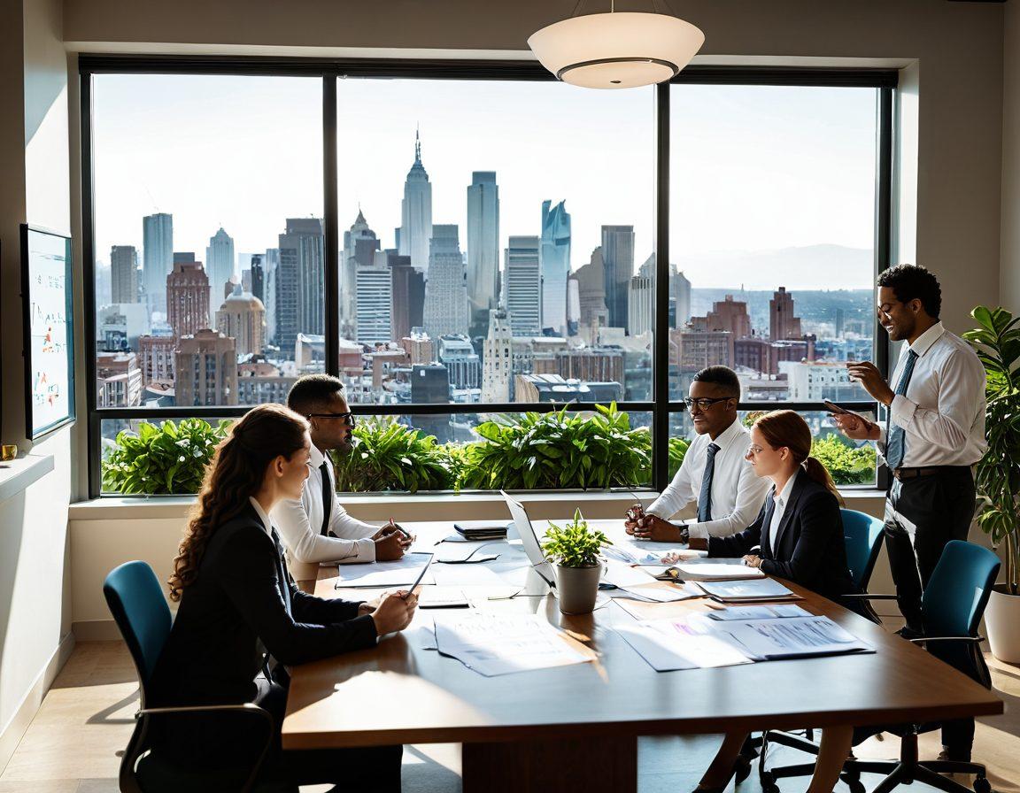 An inspiring office environment showcasing a diverse group of professionals engaged in dynamic discussions and planning sessions around a large table, filled with charts and digital devices displaying compliance data and succession planning strategies. Sunlight streaming through large windows symbolizes hope and future success. Incorporate elements such as a whiteboard with ideas written, plants for a fresh atmosphere, and a city skyline view in the background. vibrant colors. super-realistic.